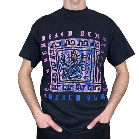 Vintage Beach Bum by McGregor Black Graphic T-shirt 90s Single Stitch USA Large - Picture 1 of 10
